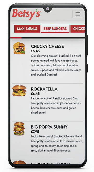 Back of App Image Betsy's Burgers range of Burgers showing the ordering process