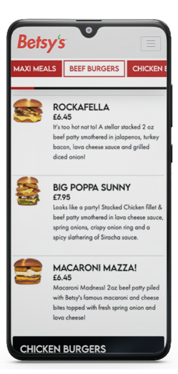 A Phones showing the Betsy's Burgers App.